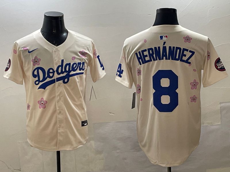 Men Los Angeles Dodgers 8 Hernandez Cream Sakura Edition 2025 Nike MLB Jersey style 1